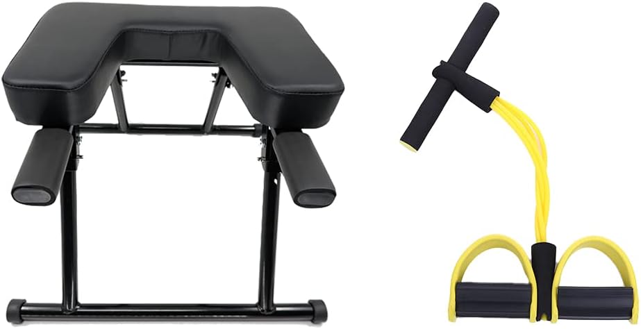 OGODU Black Yoga Headstand Bench with Yellow Exercise Resistance Belt,Folding Stand Yoga Chair, Family Gym Standing Yoga Chair for Workout, Fitness and Gym Relieve Fatigue and Body Building