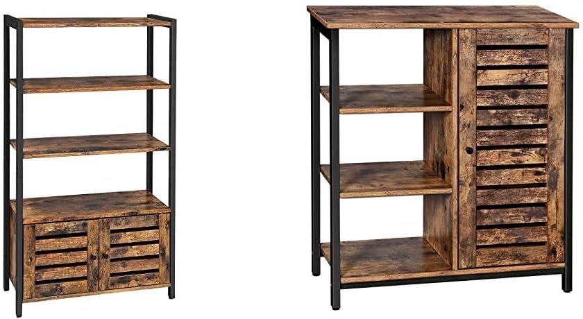 VASAGLE Lowell Bookshelf, Storage Cabinet with 3 Shelves and 2 Louvered Doors, Rustic Brown ULSC75BX & Lowell Storage Cabinet, Cupboard, Multipurpose Cabinet, Rustic Brown and Black ULSC74BX