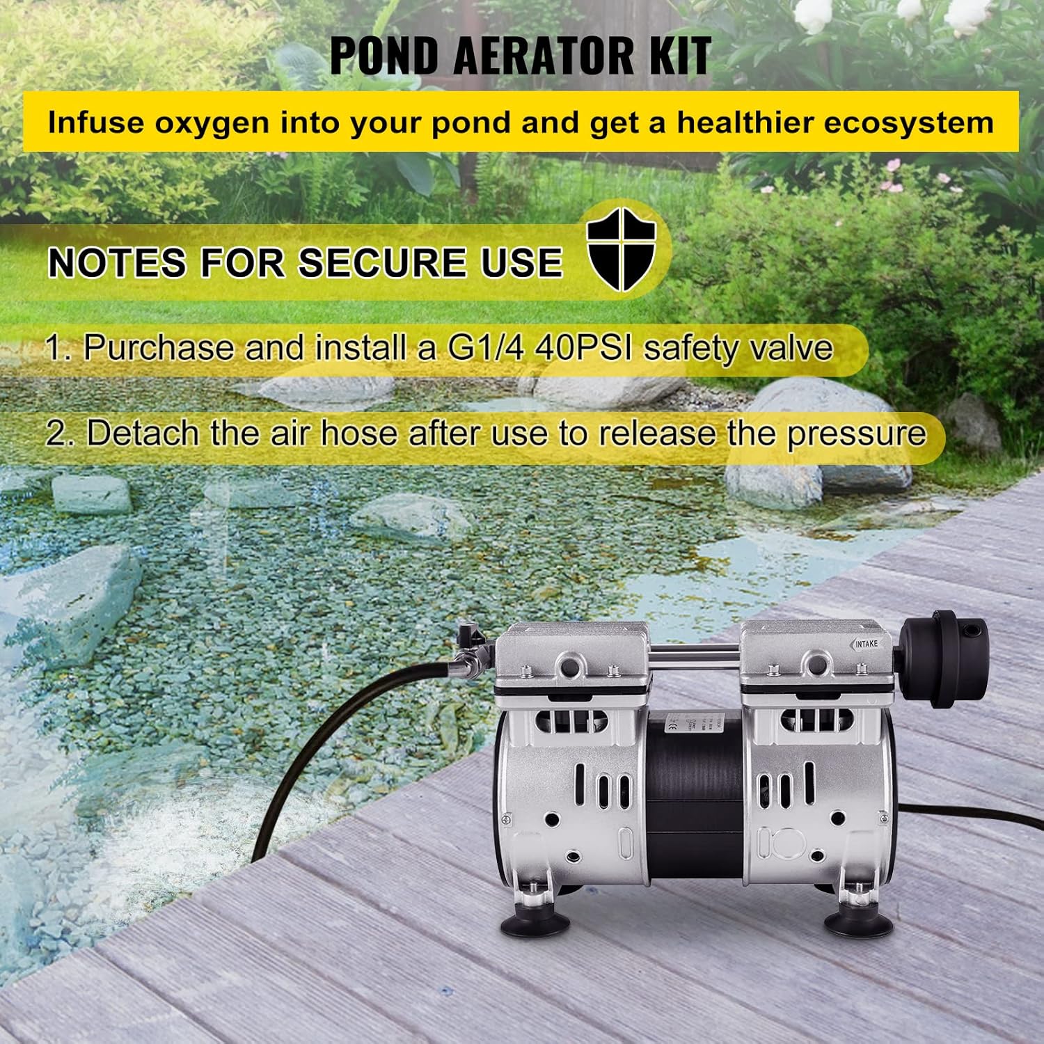 VEVOR Pond Aerator, for Up to 3 Acres, Pond Aeration System with 1/2 HP 4.7 CFM Compressor, 100' x 3/8