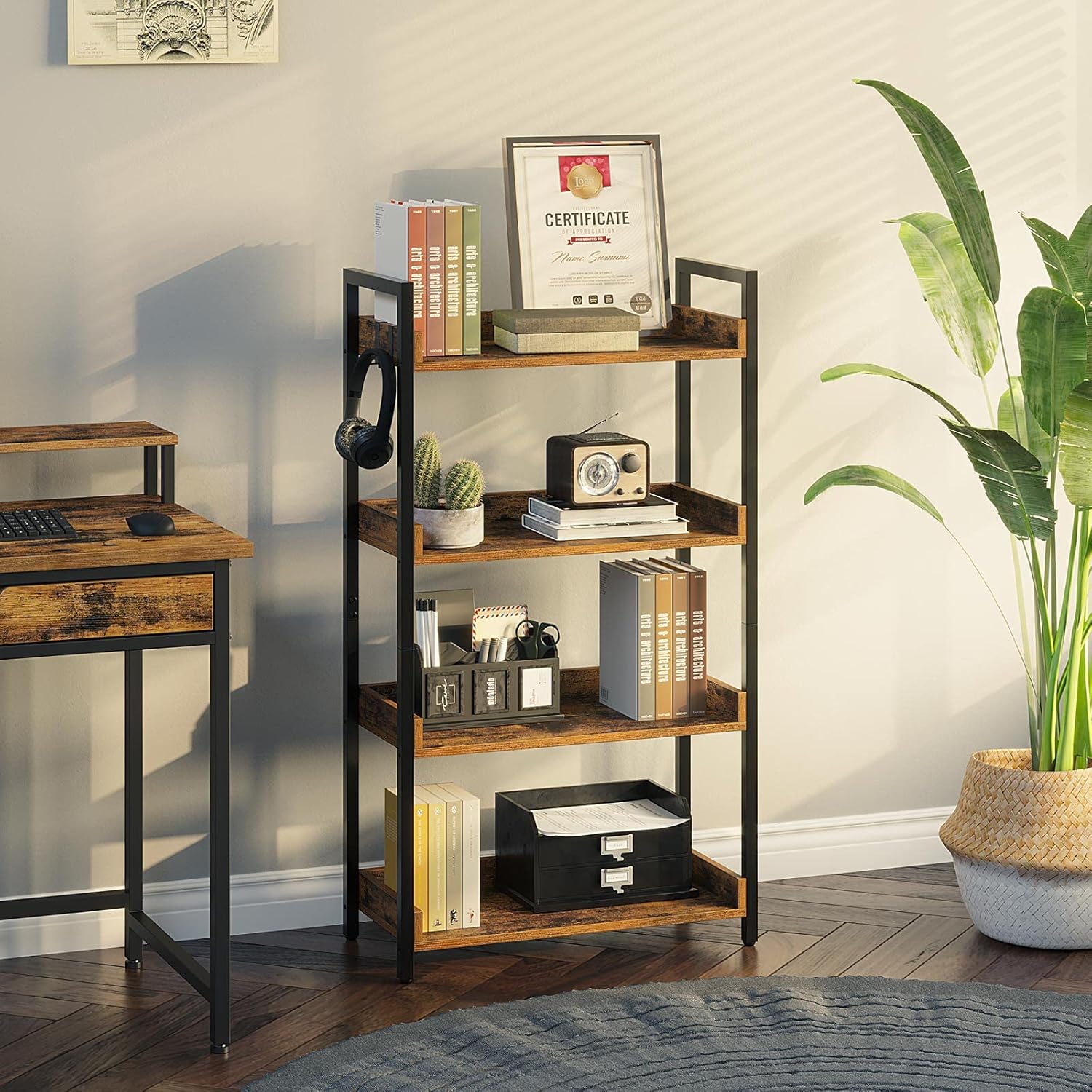 Rolanstar 4 Tier Bookshelf, Industrial Wood Bookcase with 4 Hooks, Vintage Storage Rack with Open Shelves, Rustic Standing Bookshelves Metal Frame Display Rack for Living Room,Bedroom, Rustic Brown