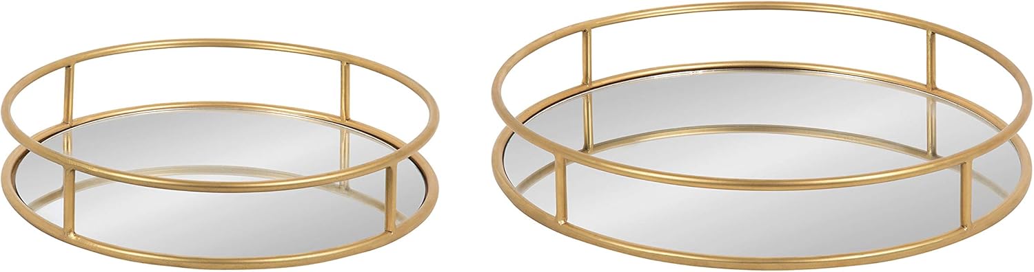 Kate and Laurel Felicia Modern Glam Metal Nesting Trays | Decorative Round Shape with Handles and Mirror Surface, Set of 2, Gold