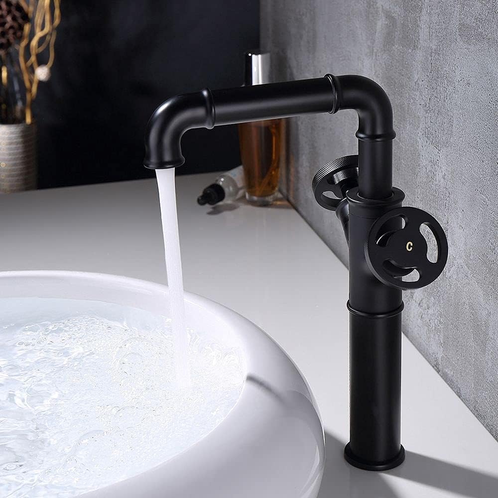 KunMai Industrial Pipe Bathroom Vessel Sink Faucet Matte Black, 1-Hole 2-Handle Solid Brass Bathroom Sink Faucet