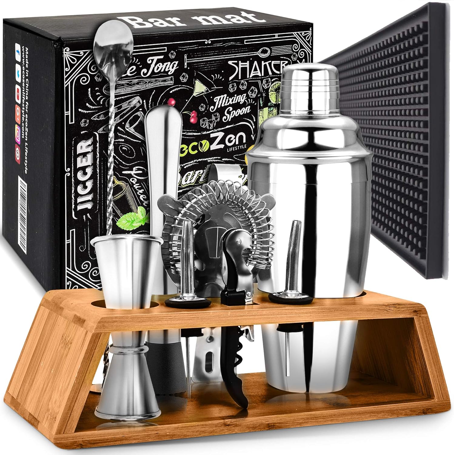 Cocktail Shaker Set Bartender Kit with Bar Mat and Elegant Wooden Stand | Premium Bar Set with Bartending kit and Mixing Tool | Best Gifts Ideas for Husband, Boyfriend, Dad and housewarming Pack of 2