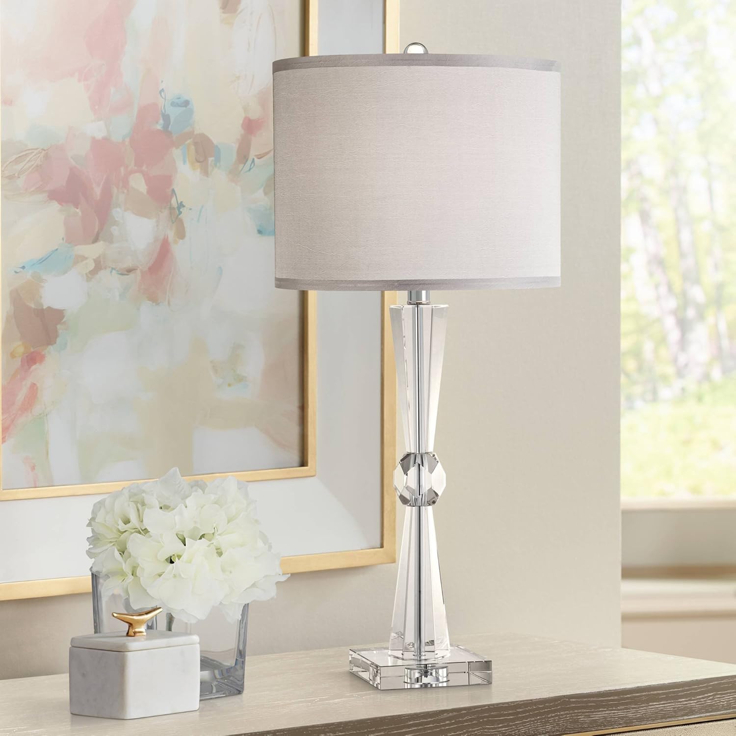 Linley Modern Table Lamp Art Deco Faceted Crystal Column Gray Drum Shade for Living Room Family Bedroom Bedside - Vienna Full Spectrum