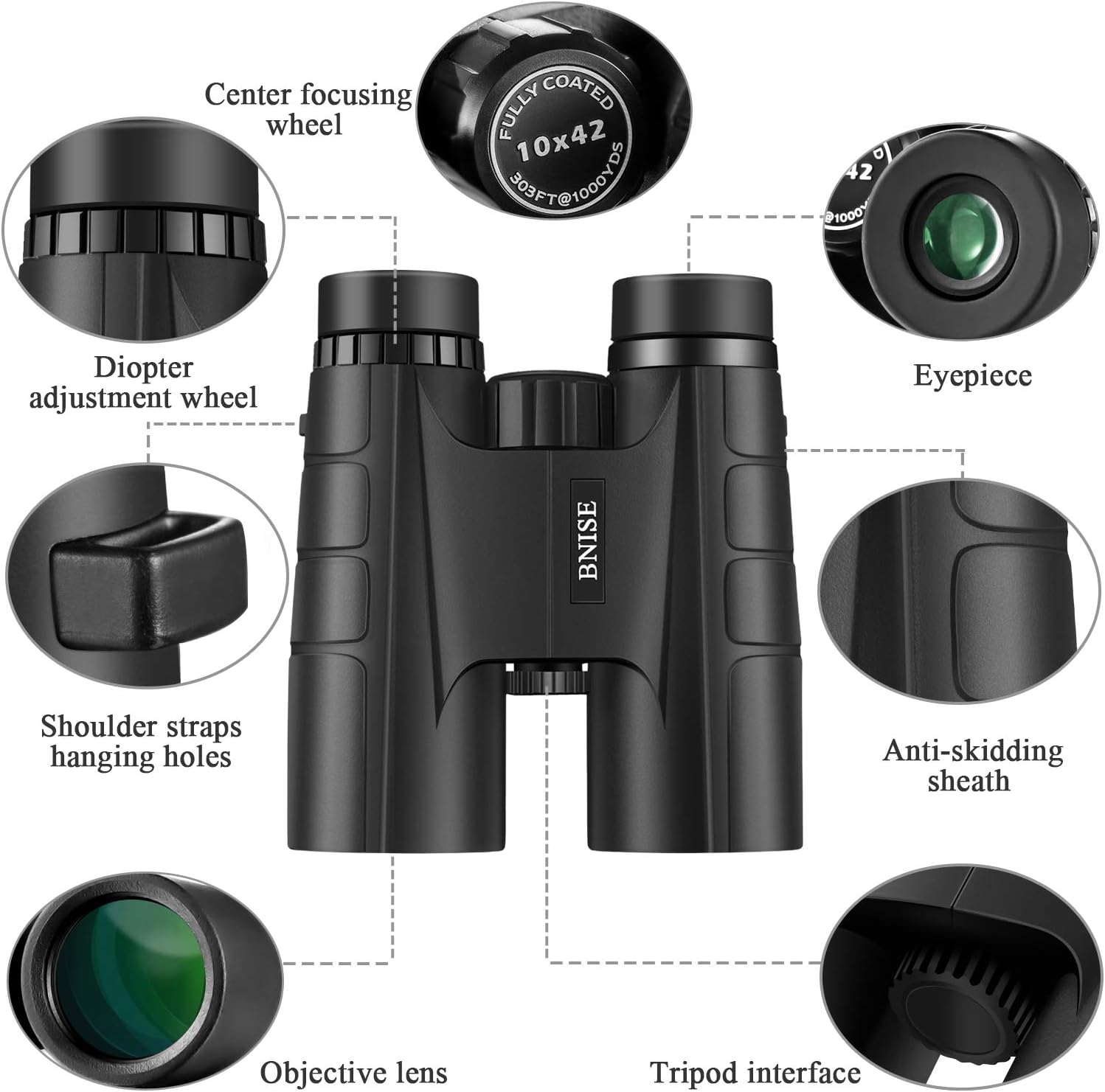 BNISE Binoculars for Adults Compact, 10X42 HD Professional, BAK4 Prism FMC Lens, Suitable for Outdoor Travel, for Bird Watching, for Hunting, with Smartphone Adapter, Neck Strap, Portable Backpack