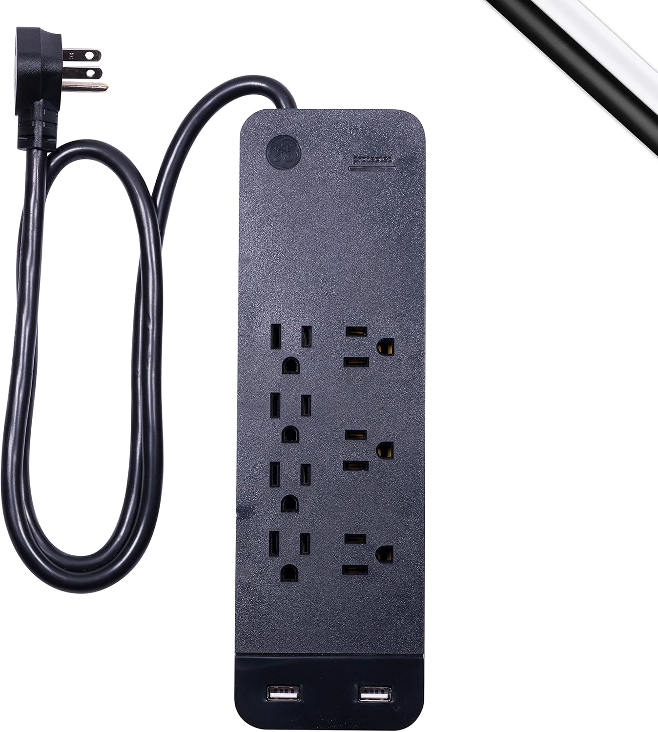 GE UltraPro 7-Outlet Surge Protector, 2 USB Ports, 15 Ft Extension Cord, 1080 Joules, 2.4 AMP/12 Watt, 3 Adapter Spaced Outlets, Flat Plug, Wall Mount, Warranty, UL Listed, White, 36362 Pack of 2