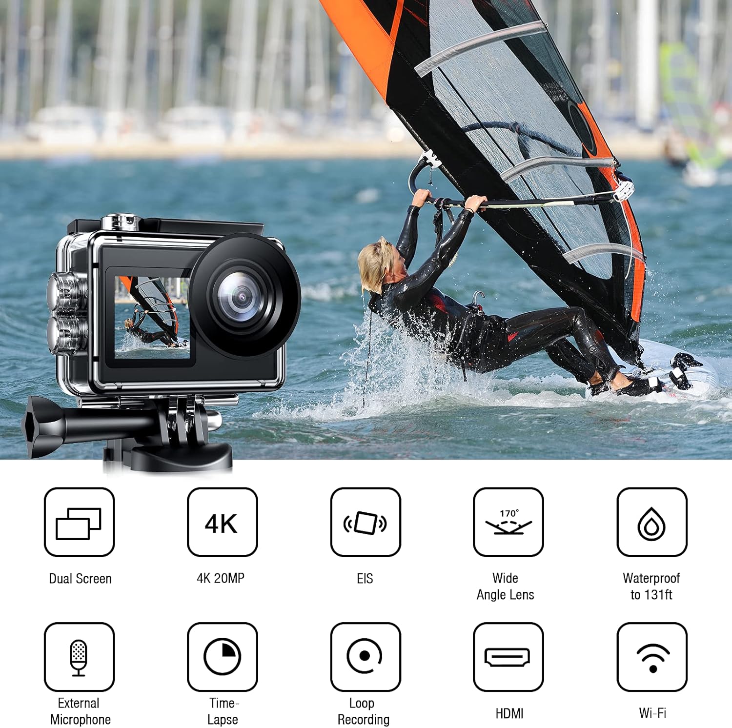 Action Camera 4K 20MP Dual Screen WiFi Vlog Camera with Touch Screen, EIS, Remote Control, 131 Feet Underwater Waterproof Camera with 2 Batteries and Mounting Kits