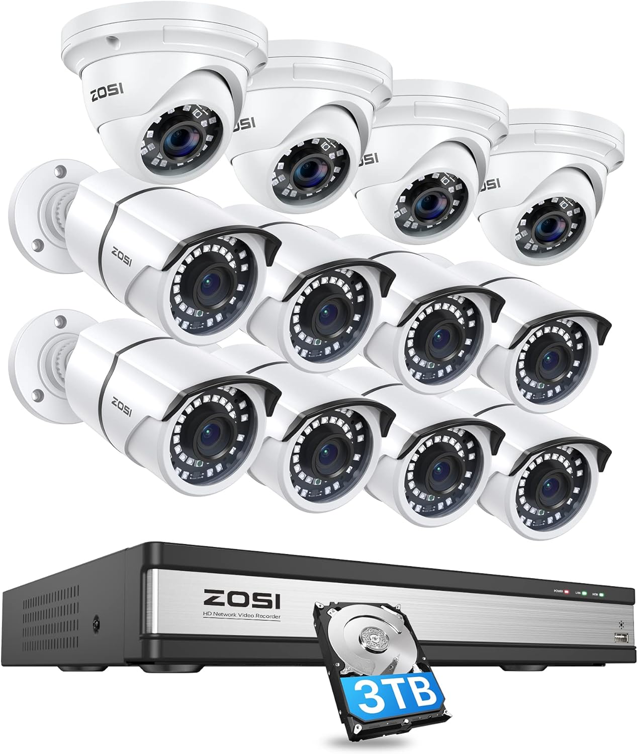 ZOSI 4K 16 Channel Security Camera System ,16 Channel 8MP NVR with Hard Drive 3TB and 12 x 5MP Surveillance Cameras Outdoor Indoor with 120ft Night Vision, Remote Access