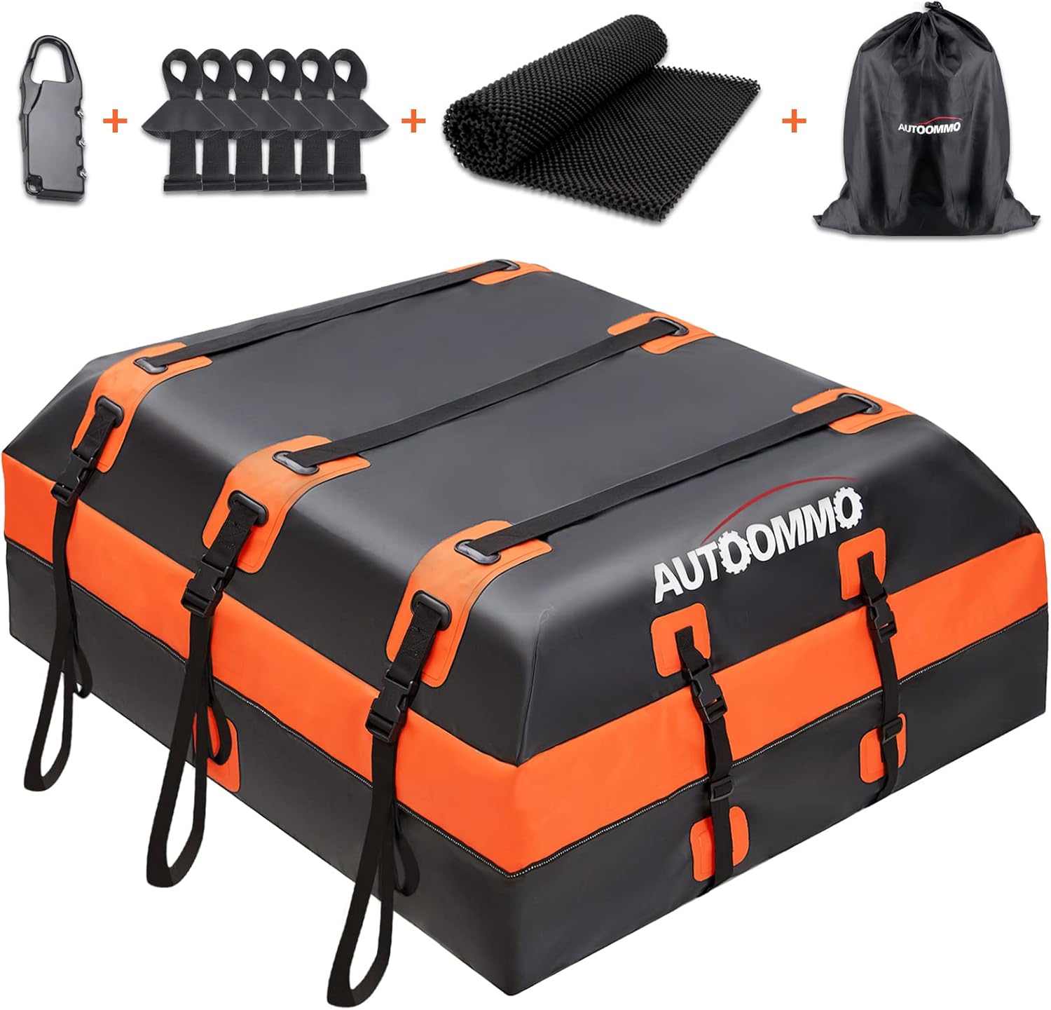 Upgraded Car Rooftop Cargo Carrier Bag - AUTOOMMO 15 Cubic Feet 100% Waterproof and Strength Tear-Resistant Car Roof Bag Cargo Carrier with 10 Heavy-Duty Straps, Fits All Cars with/Without Racks.