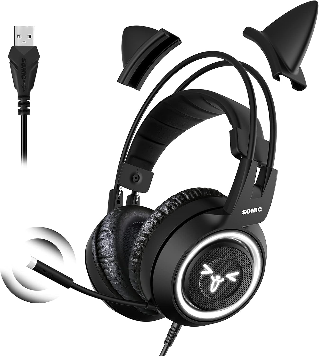 SOMIC G951black Gaming Headset for PC, PS4, Laptop: 7.1 Virtual Surround Sound Detachable Cat Ear Headphones LED, USB, Lightweight Self-Adjusting Over Ear Headphones Black Pack of 2