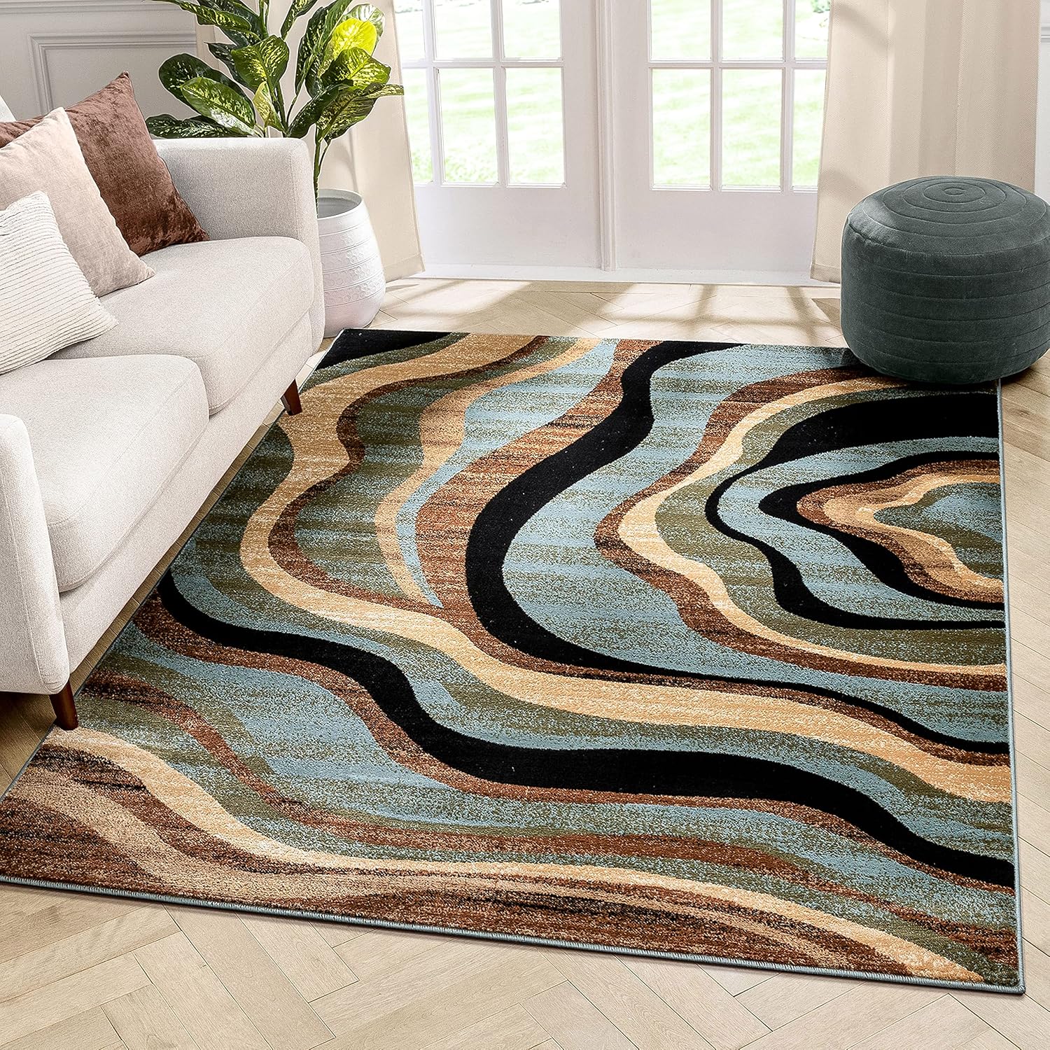 Hudson Waves Blue Brown Geometric Modern Casual Area Rug 8x10 8x11 ( 7'10