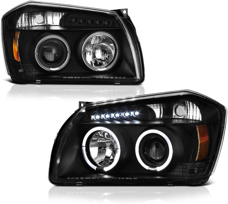 [For 2005-2007 Dodge Magnum] LED Halo Ring Black Projector Headlight Headlamp Assembly, Driver & Passenger Side