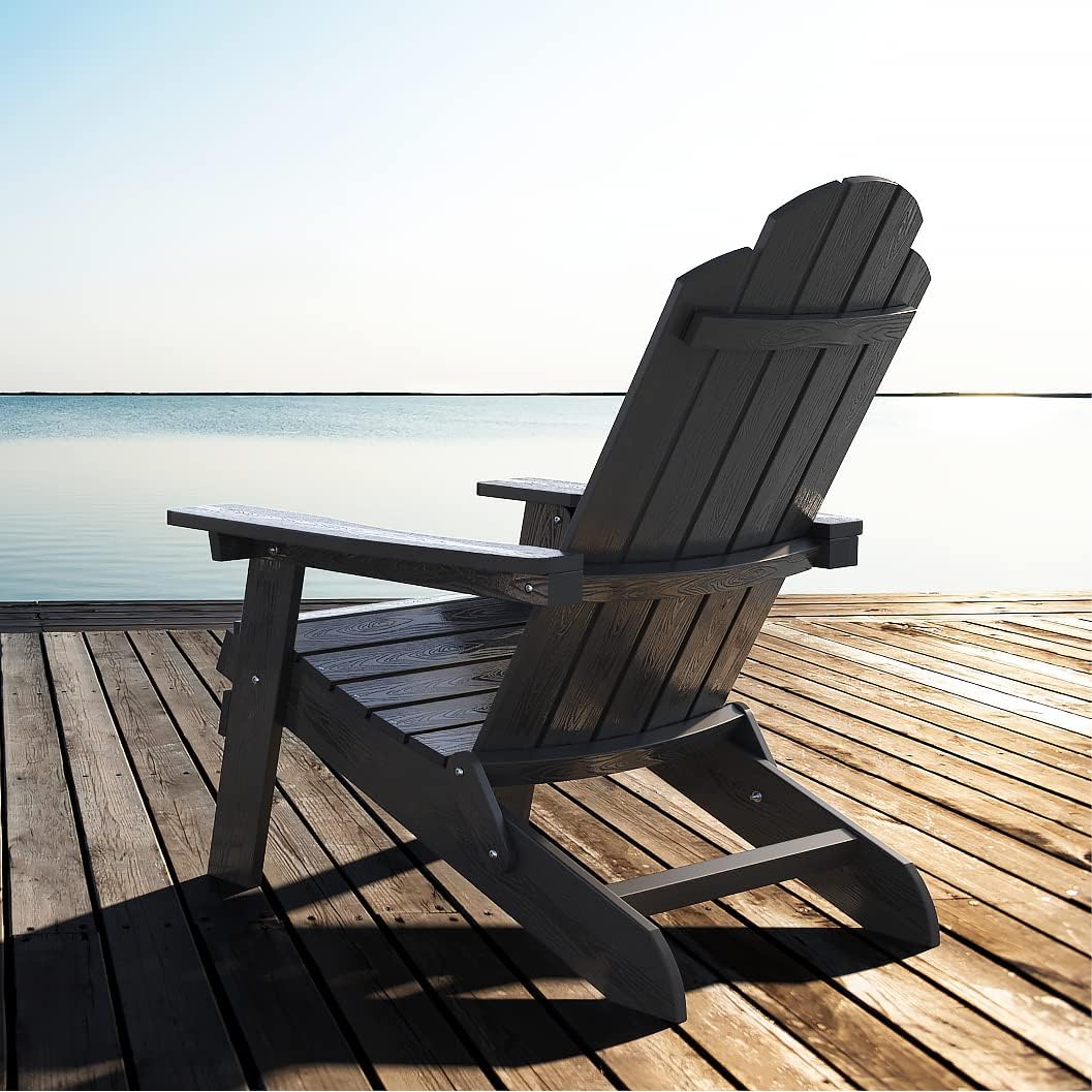 SAKSUN Folding Adirondack Chair Plastic Weather Resistant, Outdoor Chair, Patio Chairs, Lawn Chair, Outside Funiture for Porch, Garden, Deck, Fire Pit, Patio Seating (1, Black)