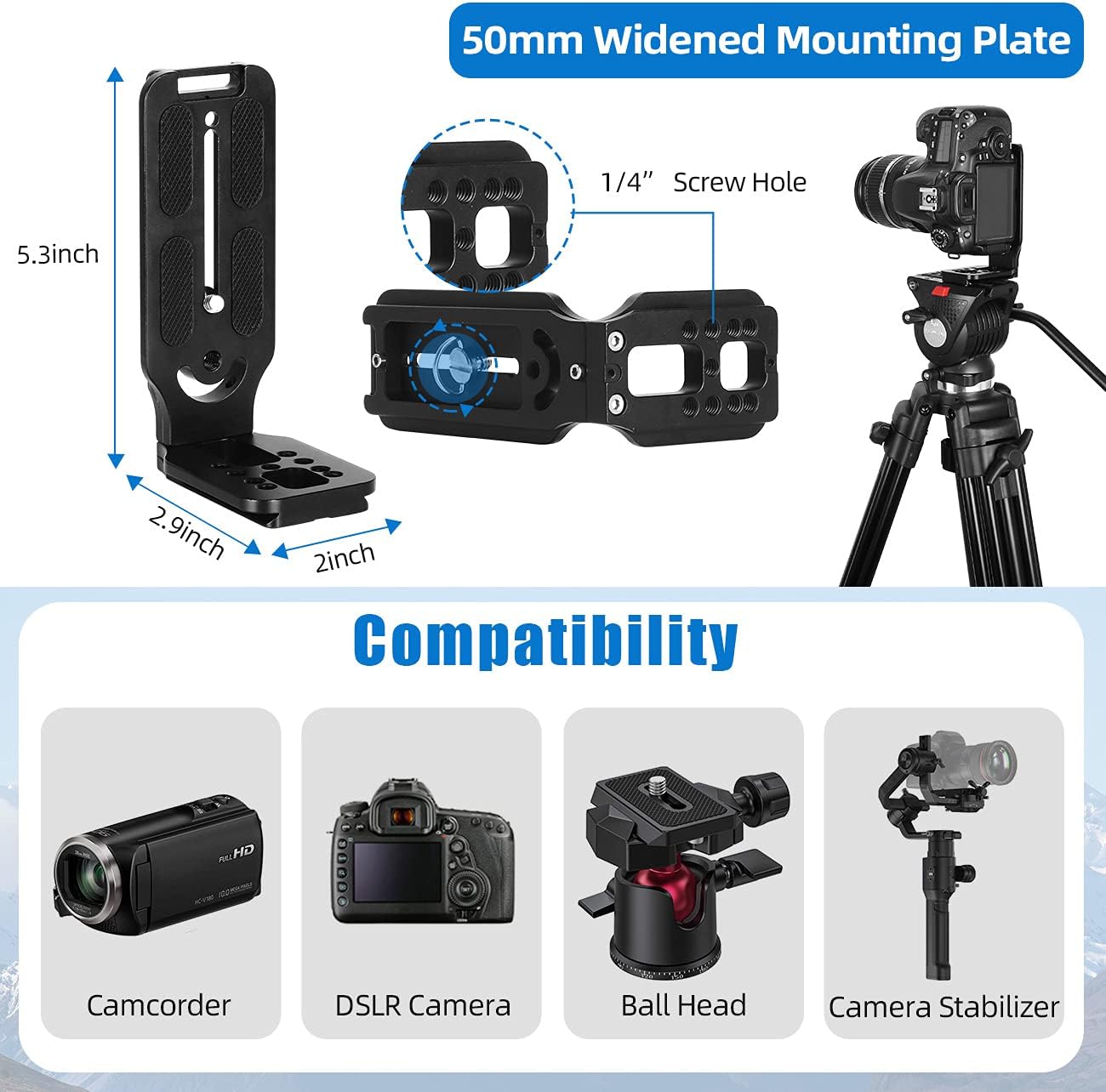 Heavy Duty Camera Tripod, Lusweimi 75 inch Professional Aluminium Tripod with Fluid Head, Quick Release Plate and Mid-Level Spreader for DSLR Cameras, Max Load 15.4 Lbs w/Vertical Shooting L Bracket