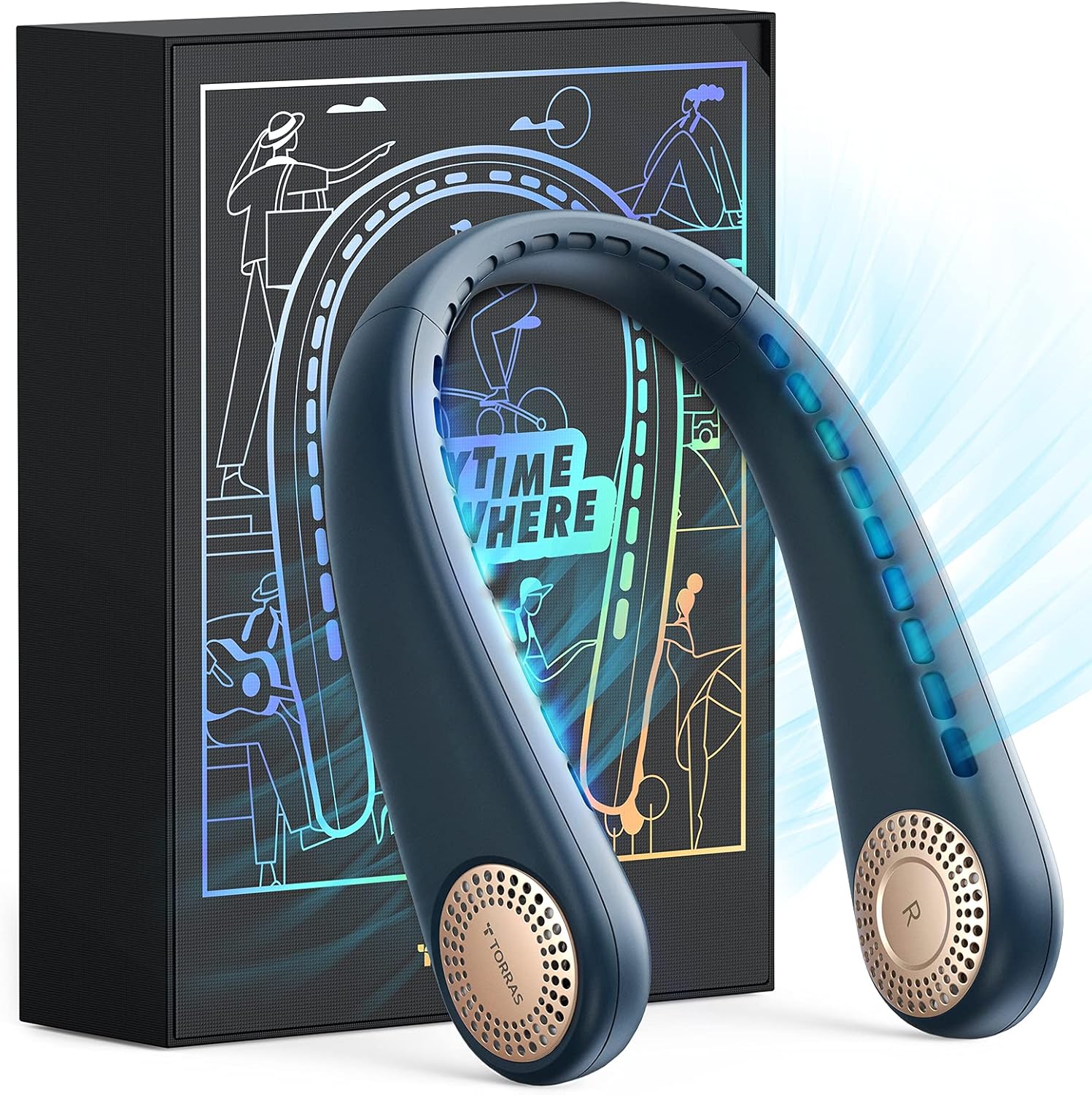 TORRAS L3 Portable Neck Fan 360&deg; Cooling Fan 8H Using Wearable Bladeless Neck Fans Wind up and down Personal Neck Fan 4000 mAh Rechargeable Fan for Travel/ Home/ Office, 3 Speeds Cooler(Pacific Blue)