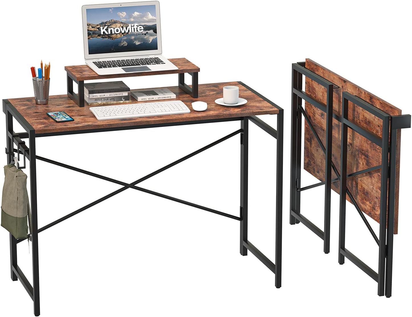 Knowlife Small Folding Computer Desk No Assembly Required Writing Study Desk, 44&rdquo; Collapsible Workstation with Monitor Riser and 3 Hooks, Space Saving Simple Home Office Desk for Small Space Brown