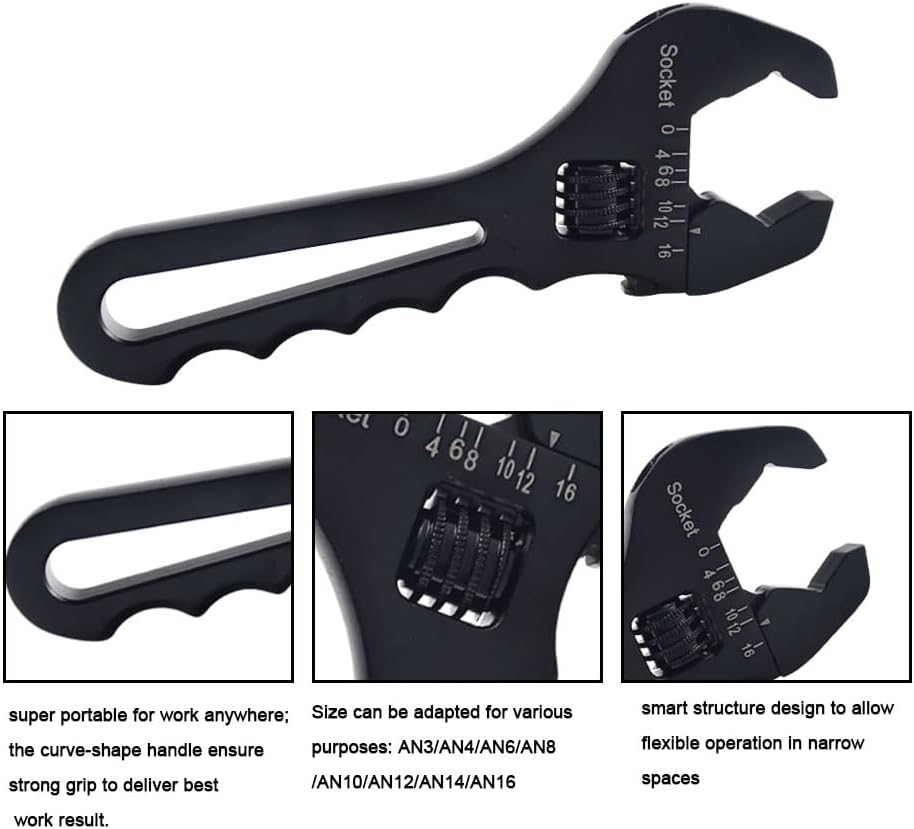 3AN-16AN Adjustable Wrench Lightweight Aluminum Tool Spanner / Multi-function Wrench - for Hose End Fitting - Black