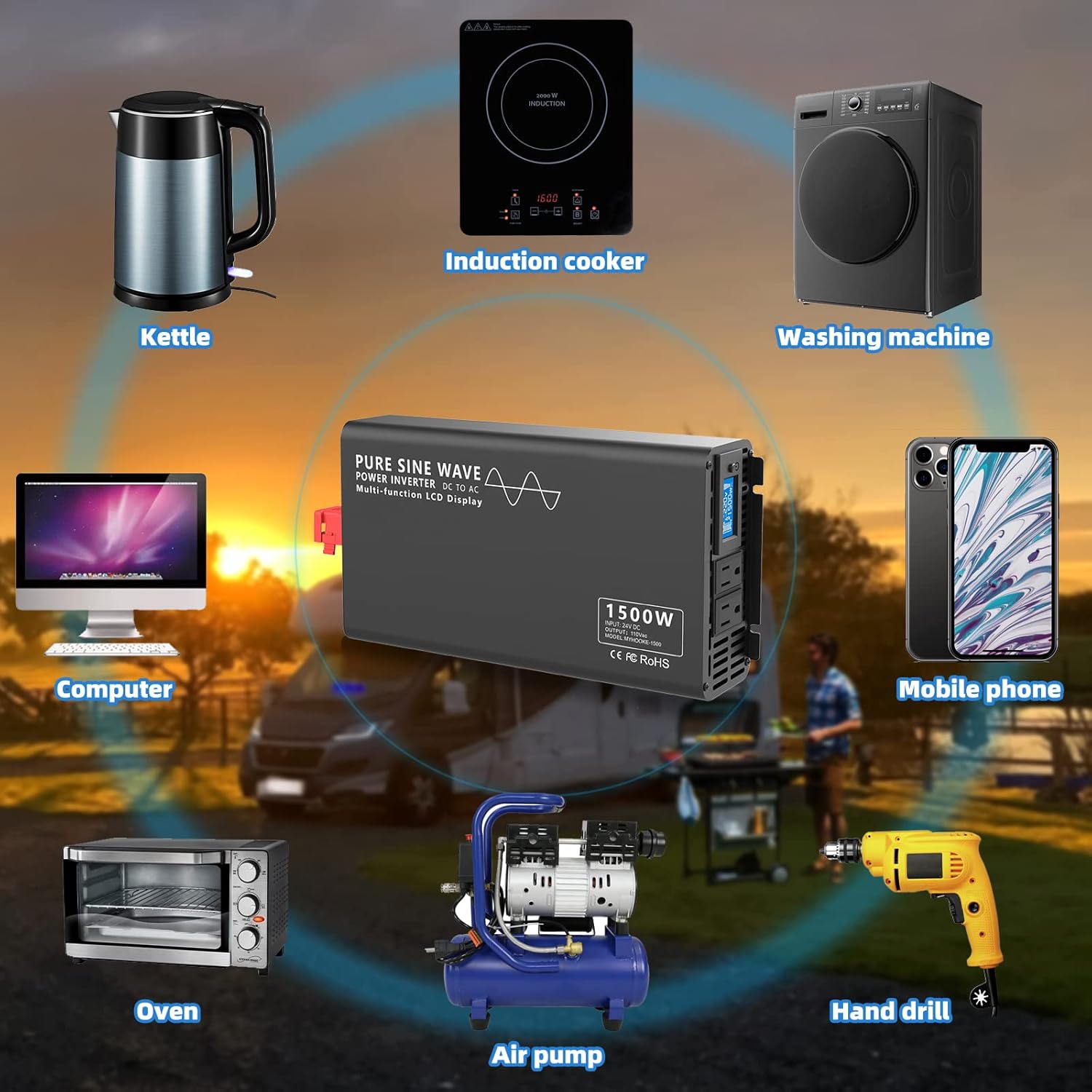 Pure Sine Wave Power Inverter, 1500W Power Inverter DC 24V to AC 110V-130V Car Converter for RV Truck Boat Solar System with LCD Display and Wireless Remote Control