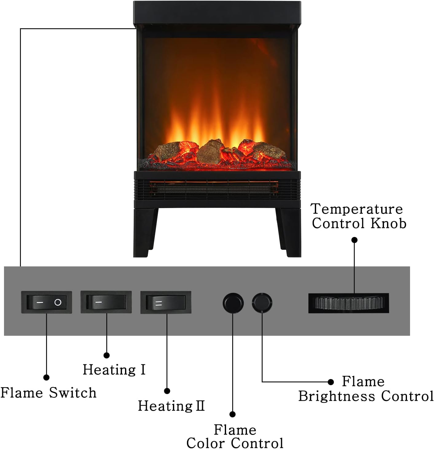 Goaeon 23inch Electric Fireplace Heater, Freestanding Electric Fireplace Stove with 3D Realistic Flame Effect, Three-Sided View Design, Indoor Use, 1000W/1500W