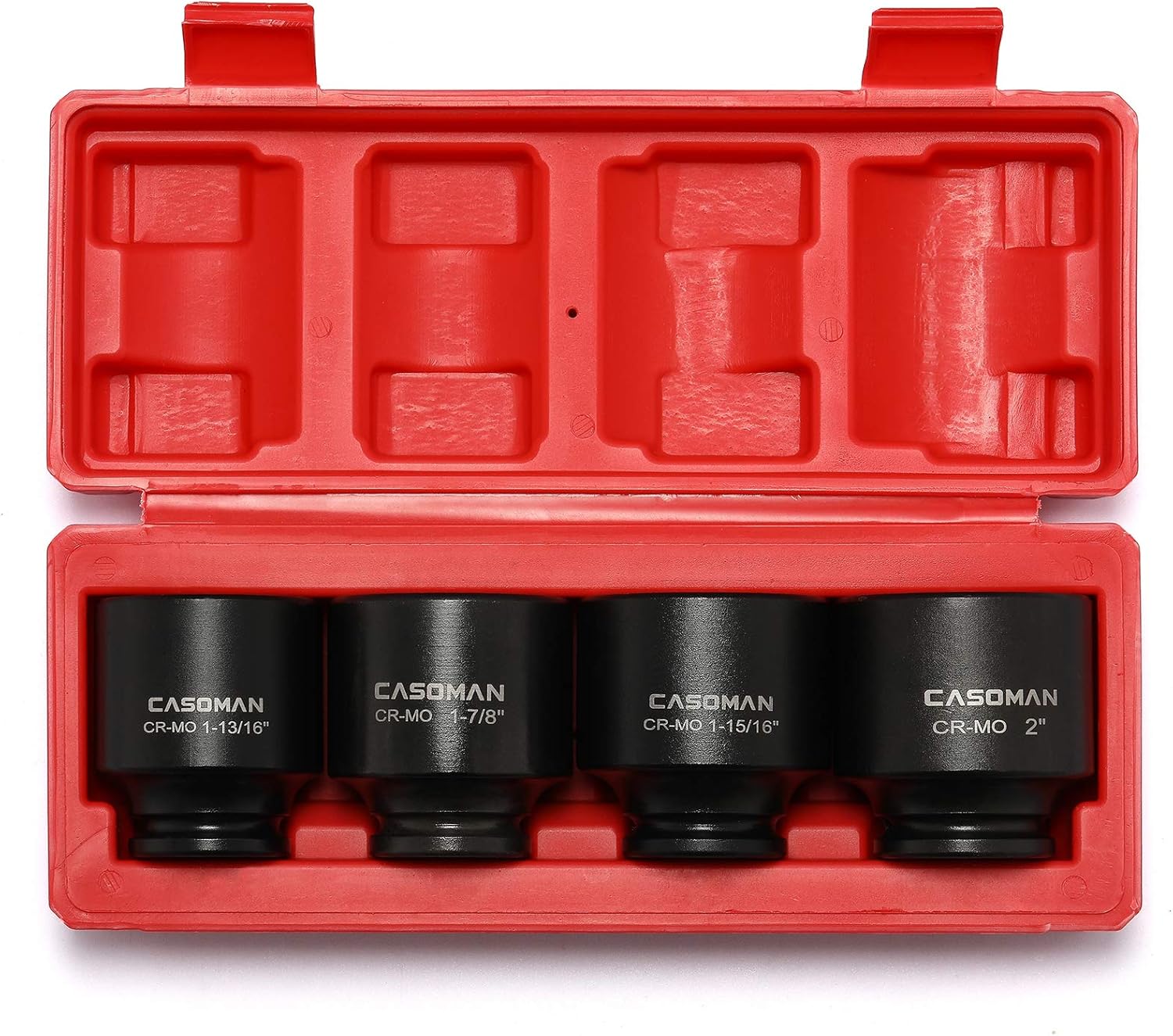 CASOMAN 1/2'' Drive Spindle Axle Nut Impact Socket Set, 6 Point, CR-MO,1-13/16, 1-7/8, 1-15/16, 2 inch, 4PC 1/2-Inch Impact Socket Set, Heavy Duty Use In Removing And Installing Axle Nuts