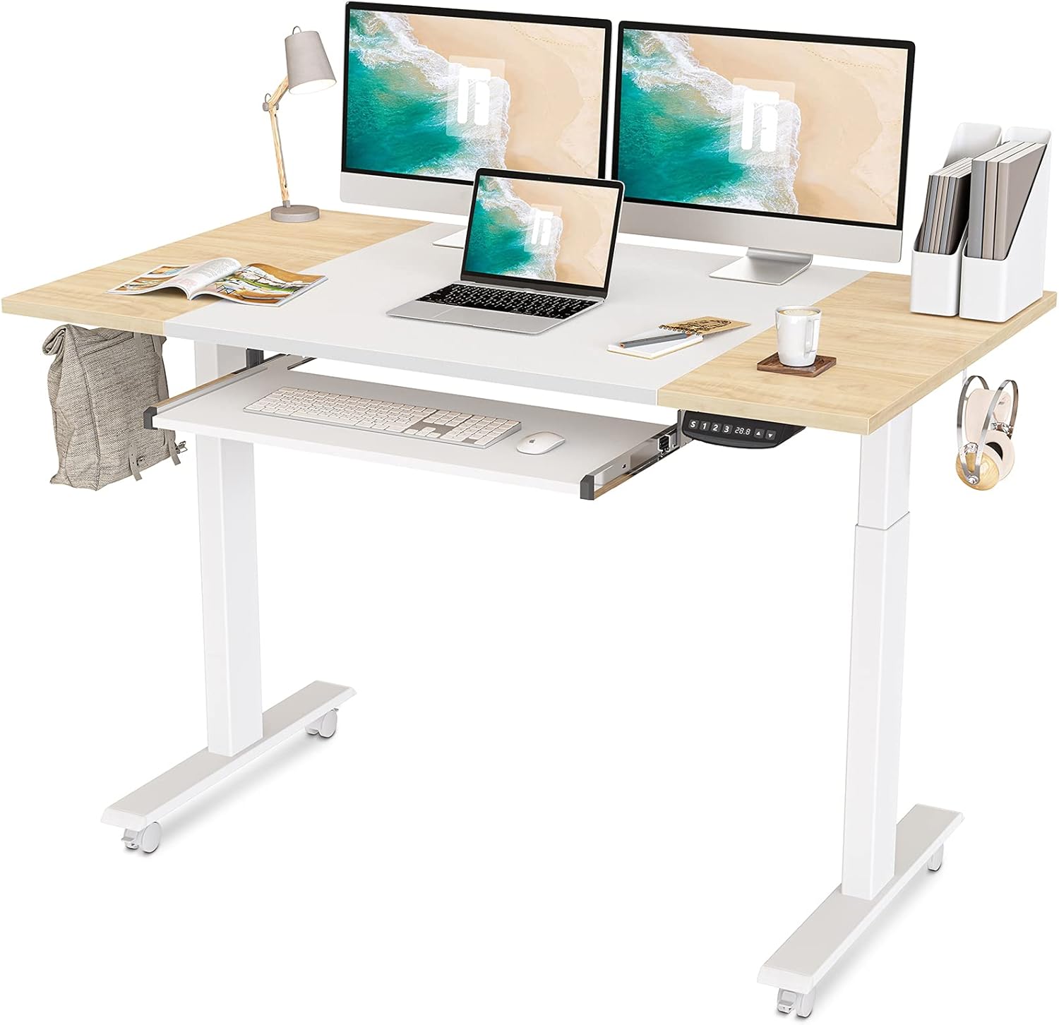 FEZIBO Dual Motor Height Adjustable Electric Standing Desk with Keyboard Tray, 55 x 24 Inch Sit Stand Table with Splice Board, Black Frame/Rustic Brown and Black Top