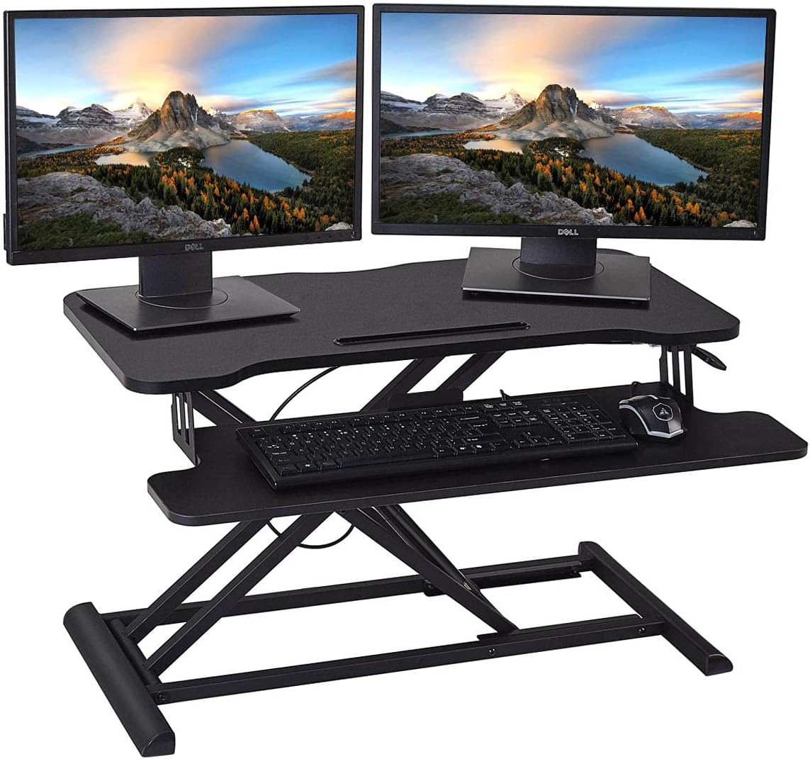 HUVIBE Standing Desk Converter,Stand up Desk Riser,Height Adjustable 32 inch Sit to Stand Desk for Dual Monitor and Laptop,Ergonomic Computer Workstation with Wide Keyboard Tray,Black