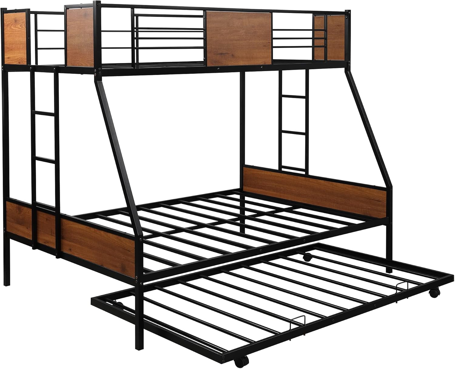 Twin Over Full Bunk Bed with Trundle, Metal Bunk Bed Frame with Safety Guardrail and 2 Ladder for Kids, Adults, Bedroom, No Box Spring Needed, Easy to Assembly, Space Saving Design