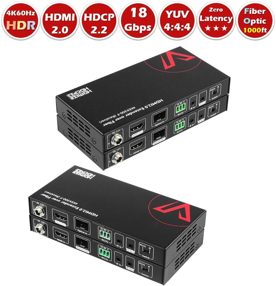 HDMI 2.0 Fiber Extender, 4K60Hz YUV4:4:4 18Gbps Over Fiber Optical Cable up to 100ft, HDCP2.2, HDR10, 5.1/7.1CH, Dolby Atmos, Two-Way IR+RS232, AV Access Long Range Fiber Optic Extender