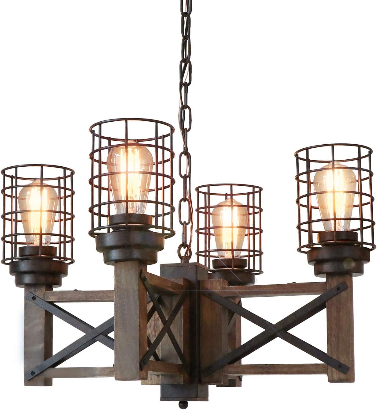 Eumyviv Wood Farmhouse Cage Rustic Chandelier Kitchen Island 4 Lights, 23.9