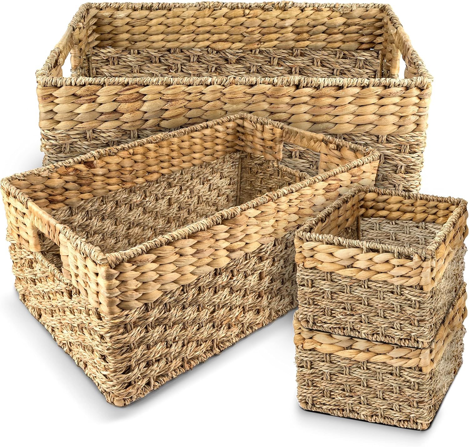 Rustic Home Resources Storage Basket Wicker Baskets for Organizing. Set of 4 Woven Basket - 1x Large Basket, 1x Medium Decorative Basket and 2x Small Basket. Rustic, Hyacinth and Seagrass Baskets, Rectangular Baskets with Handles, Closet Organizers a