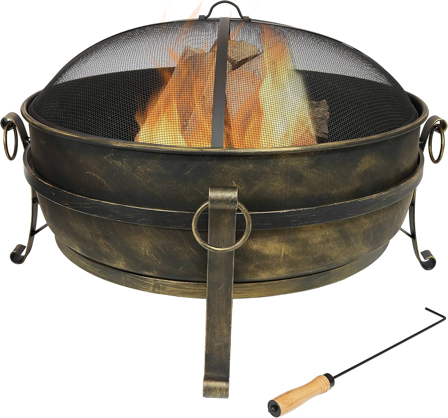 Sunnydaze Outdoor Cauldron Fire Pit - 34-Inch Backyard & Patio Wood-Burning Fire Pit for Outside with Round Spark Screen, Fireplace Poker, and Metal Grate