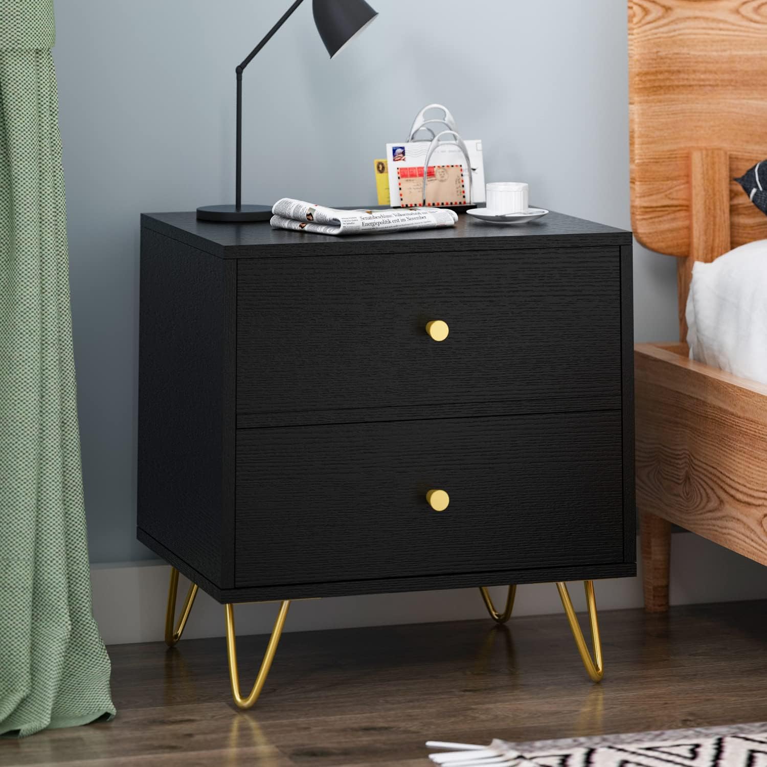 DiDuGo Black Nightstands Set of 2 Bedside Table with 2 Drawers End Table with Gold Metal Legs for Bedroom (19.6&rdquo;L x 15.7&rdquo;W x 20&rdquo;H)