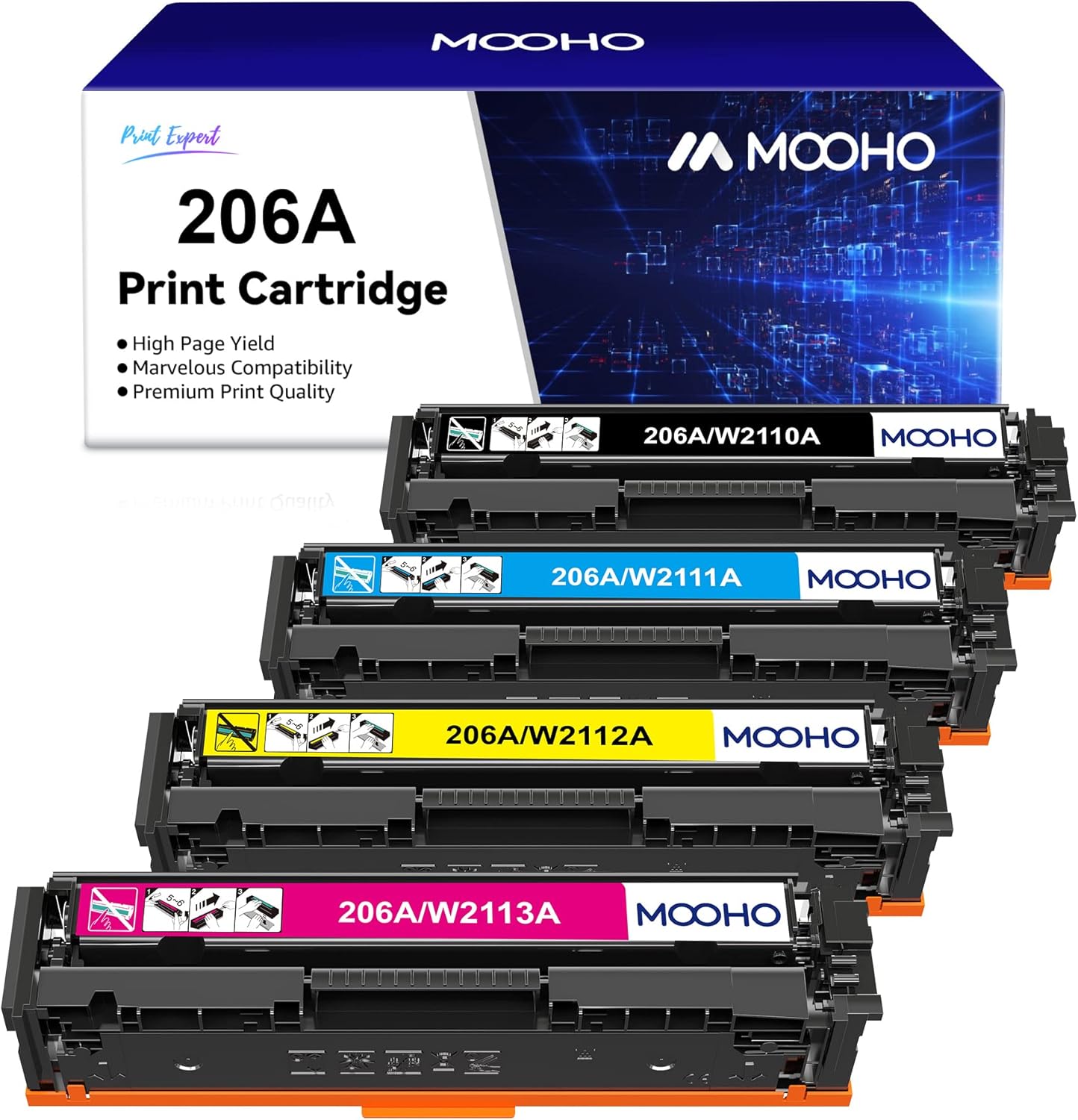 MOOHO Compatible Toner Cartridge Replacement for HP 206A 206X W2110A W2110X W2111A for HP Color Pro M255dw MFP M283fdw M283cdw Printer Toner (Black Cyan Yellow Magenta, 4-Pack) No Chip Pack of 2