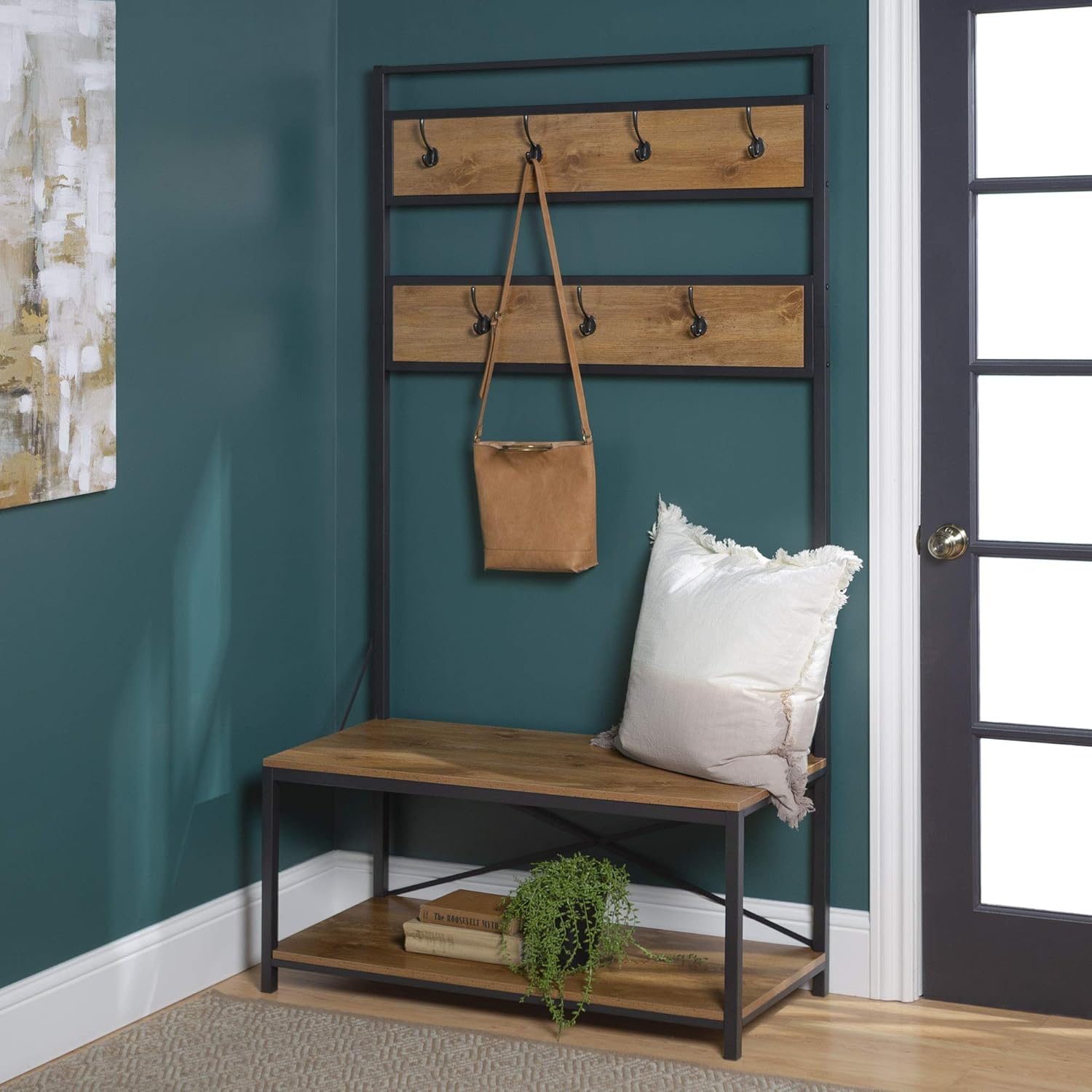 Walker Edison August Modern Farmhouse X Back Hall Tree with Bench, 72 Inch, Rustic Oak