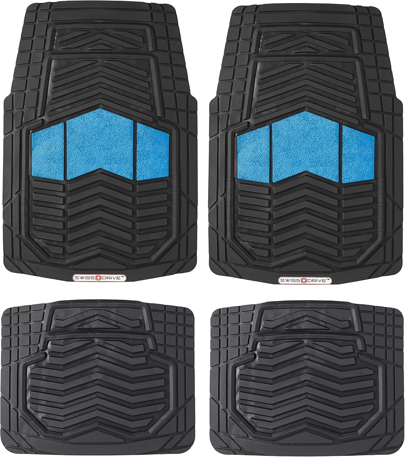 Swiss Drive Rubber Car Mats 4 pcs Car Floor Mats Rubber Front and Rear PVC Rubber for Cars SUV Van Truck &ndash; All-Weather Protection Mats &ndash; Heavy-Duty Mats with Trimmable Design (Black/Silver) DSM200S