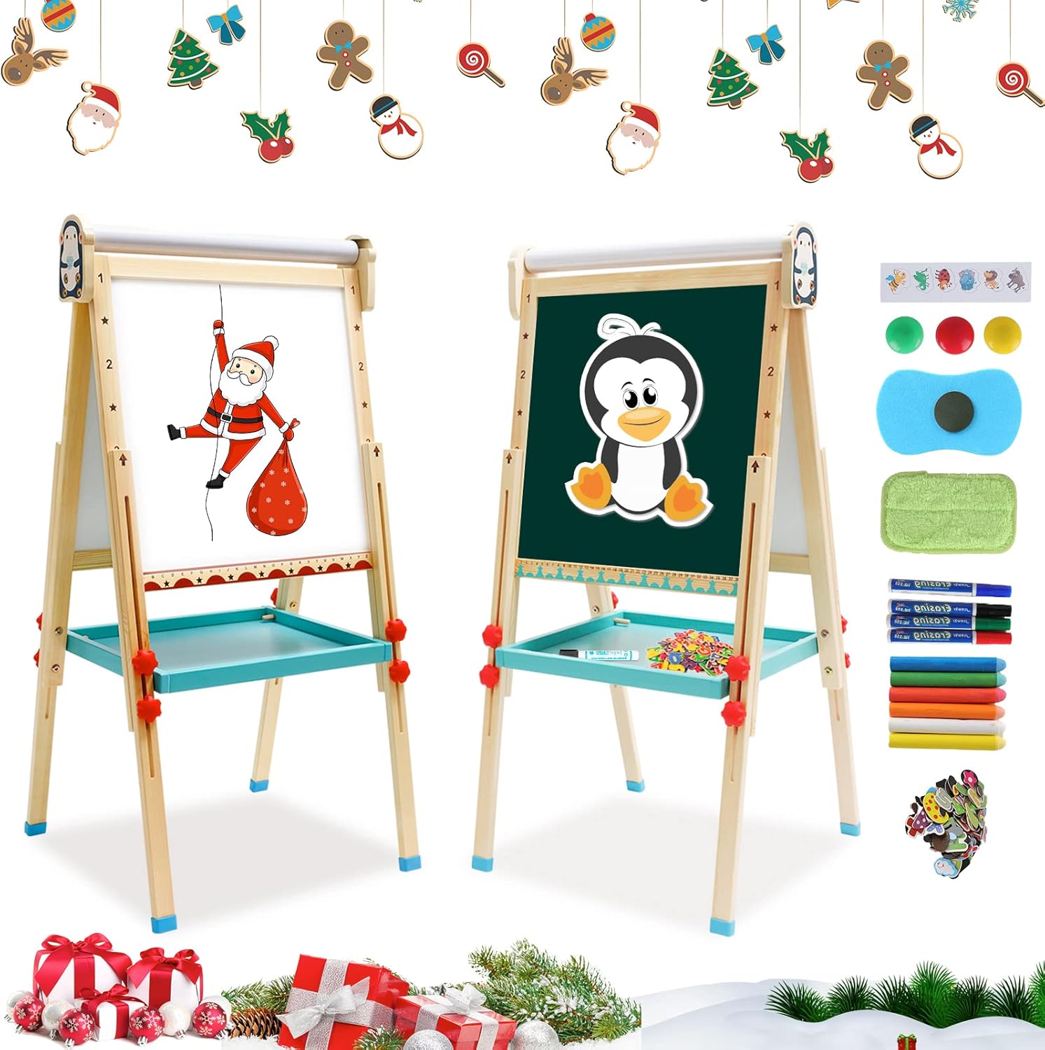 Kids Easel with Paper Roll Double-Sided Whiteboard & Chalkboard Standing Easel with Numbers and Other Accessories for Kids and Toddlers (T04)
