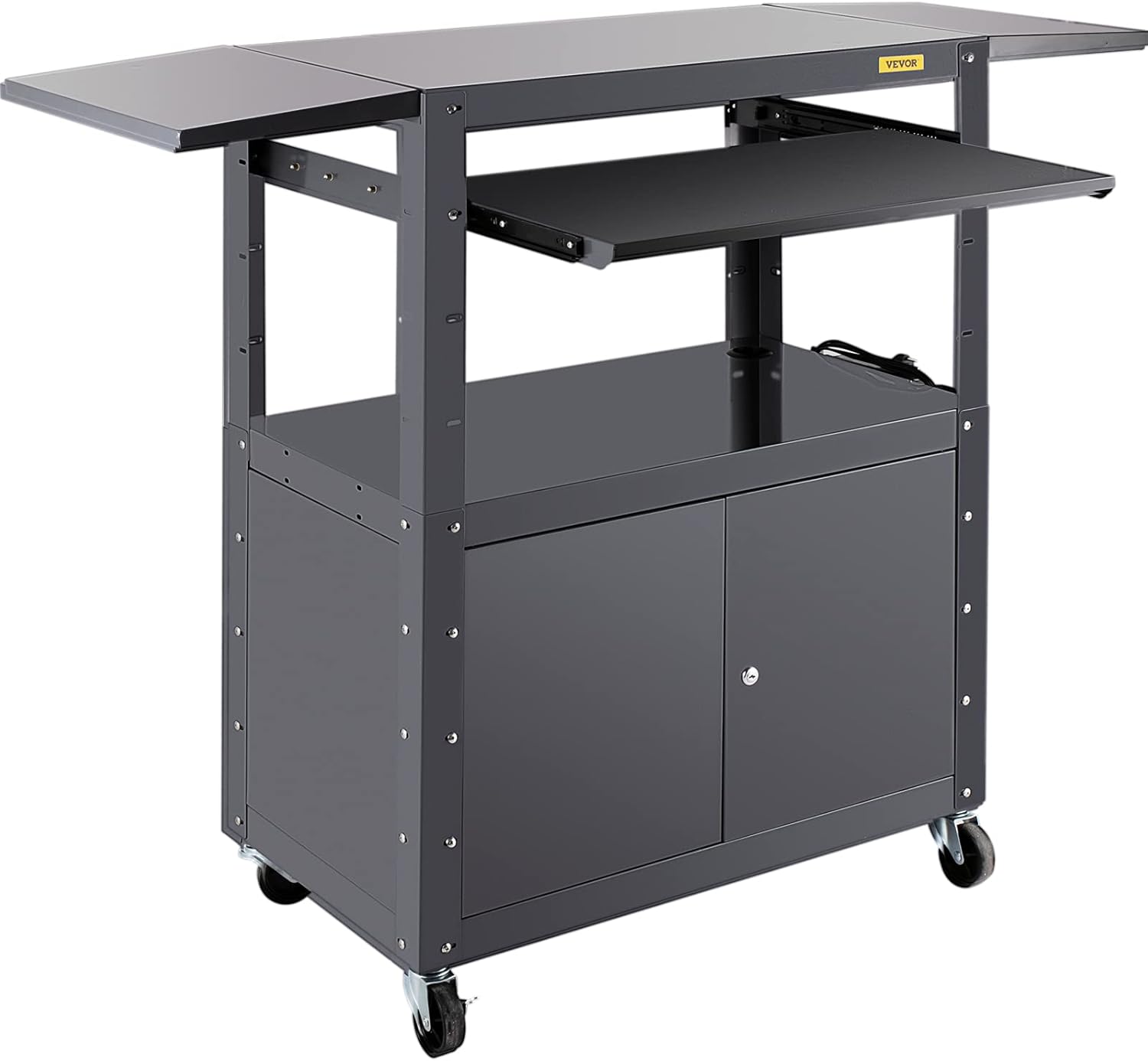 VEVOR AV Cart, 27-41 inch Height Adjustable Media Cart with 2 Drop Leaves, 150 LBS Capacity Presentation Cart with A Locking Cabinet, 33 x 18 inch Widened Steel Projector Cart with A Keyboard Tray