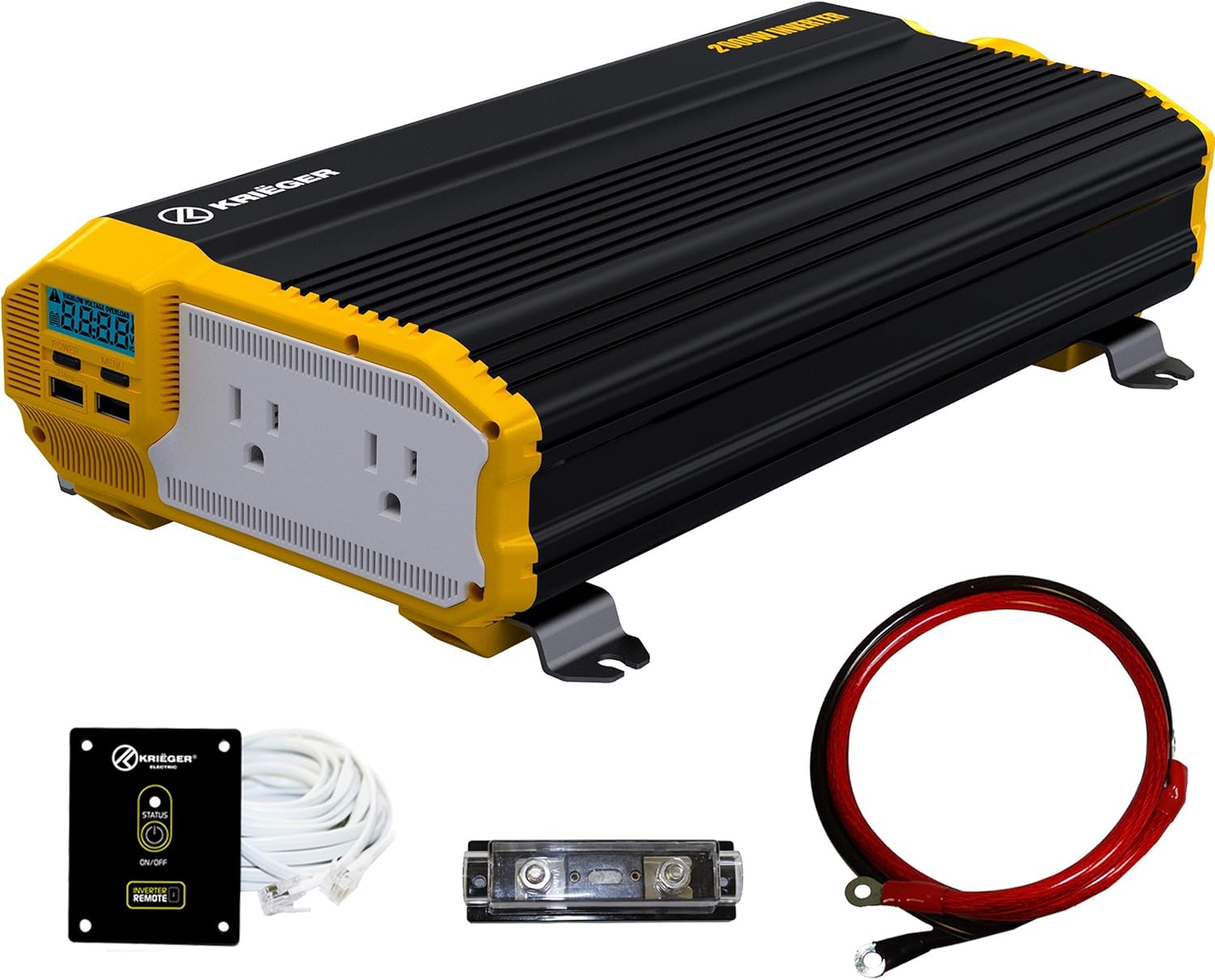 Krieger 2000 Watts Power Inverter 12V to 110V, Modified Sine Wave Car Inverter, Dual 110 Volt AC Outlets, DC to AC Converter with Installation Kit Included - MET Approved to UL and CSA Standards