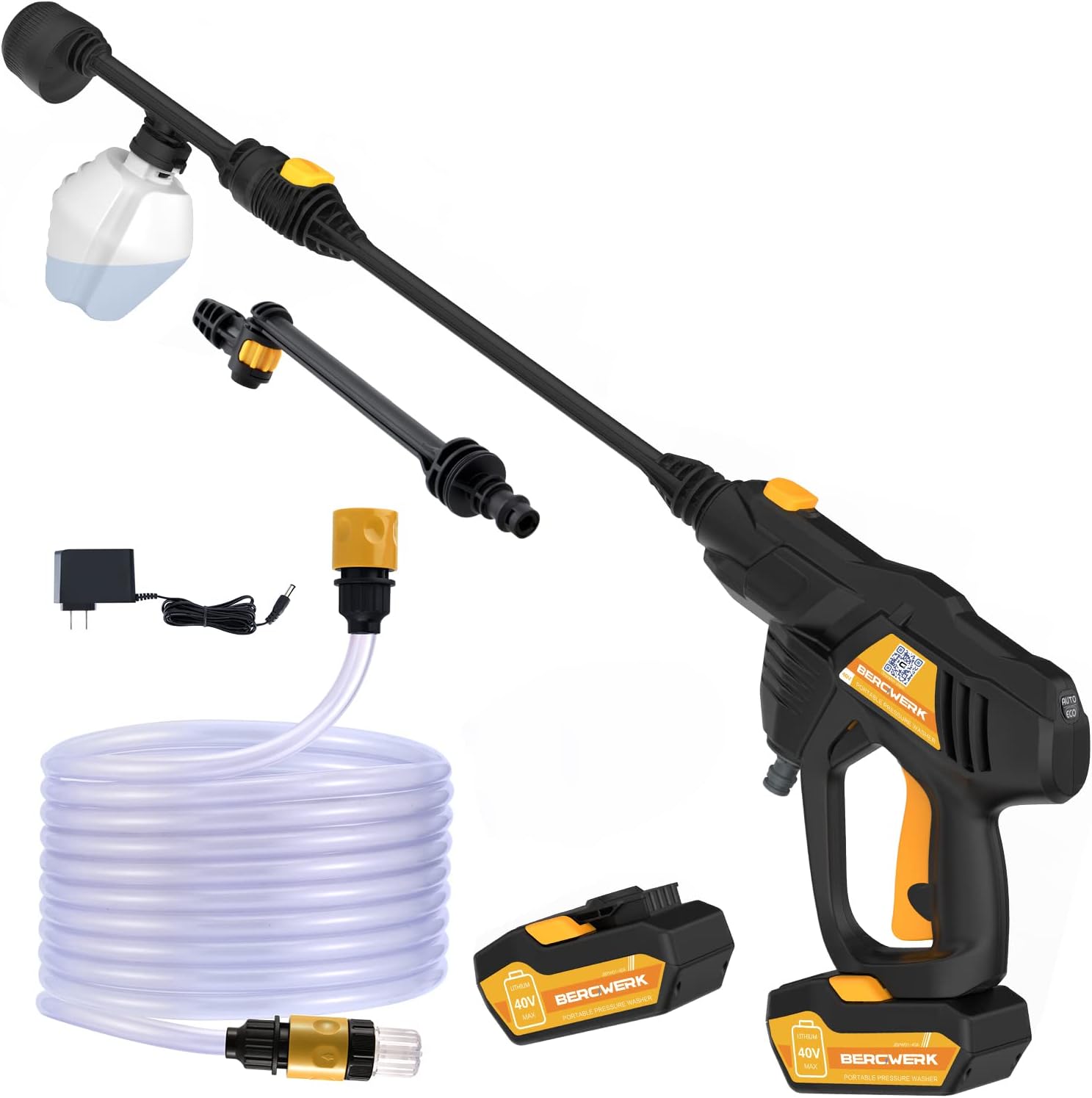 BERGWERK Cordless Power Cleaner, Portable Power Washer, 2x40V Batteries Power Cleaner, MAX 520 PSI Pressure Washer, for RVs Boats or Home Projects, with Accessories Kit and a Charger Included (Orange)