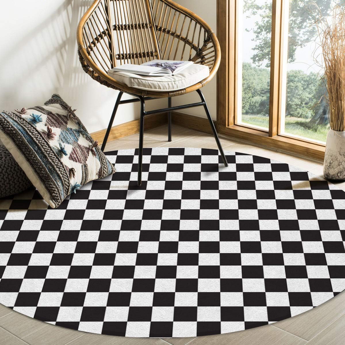 Olivefox Round Area Rugs Modern Black and White Checkered Lattice Pattern Super Soft Indoor Stain-Proof Carpet Floor Mat Anti-Skid Runner Rugs for Home Living Room, Bedroom, Dining Room, 4 Feet