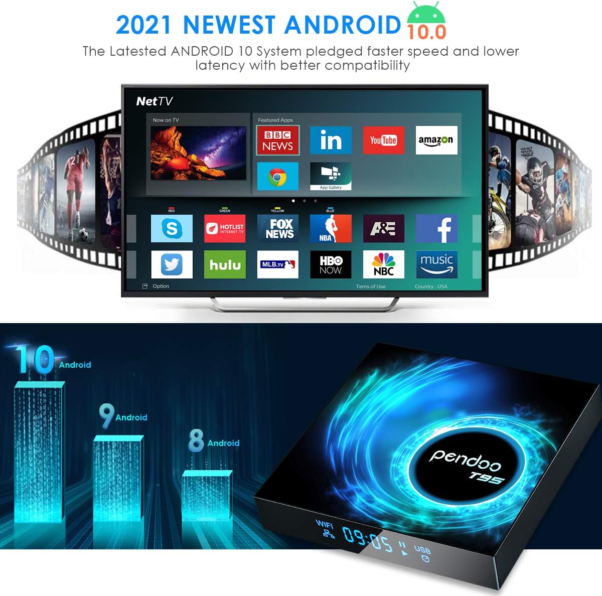 Android TV Box 10.0, 2021 Newest Android TV Box 4GB 32GB with Mini Wireless Keyboard, Allwinner H616 Quad-Core 64bit 2.4G/5.8GHz WiFi BT 4.2 3D/4K Utral HD/H.265 Android Box Pack of 2