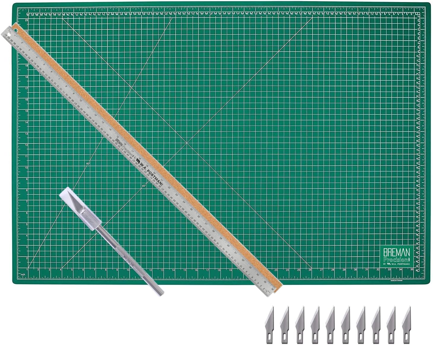 WA Portman Craft Cutting Mat Metal Ruler & Craft Knife Set - 24x36 Inch Self Healing Craft Cutting Mat - Hobby Knife Set - 10 Crafting Knife Blades - 24 Inch Cork-Backed Ruler - Precision Knife Set