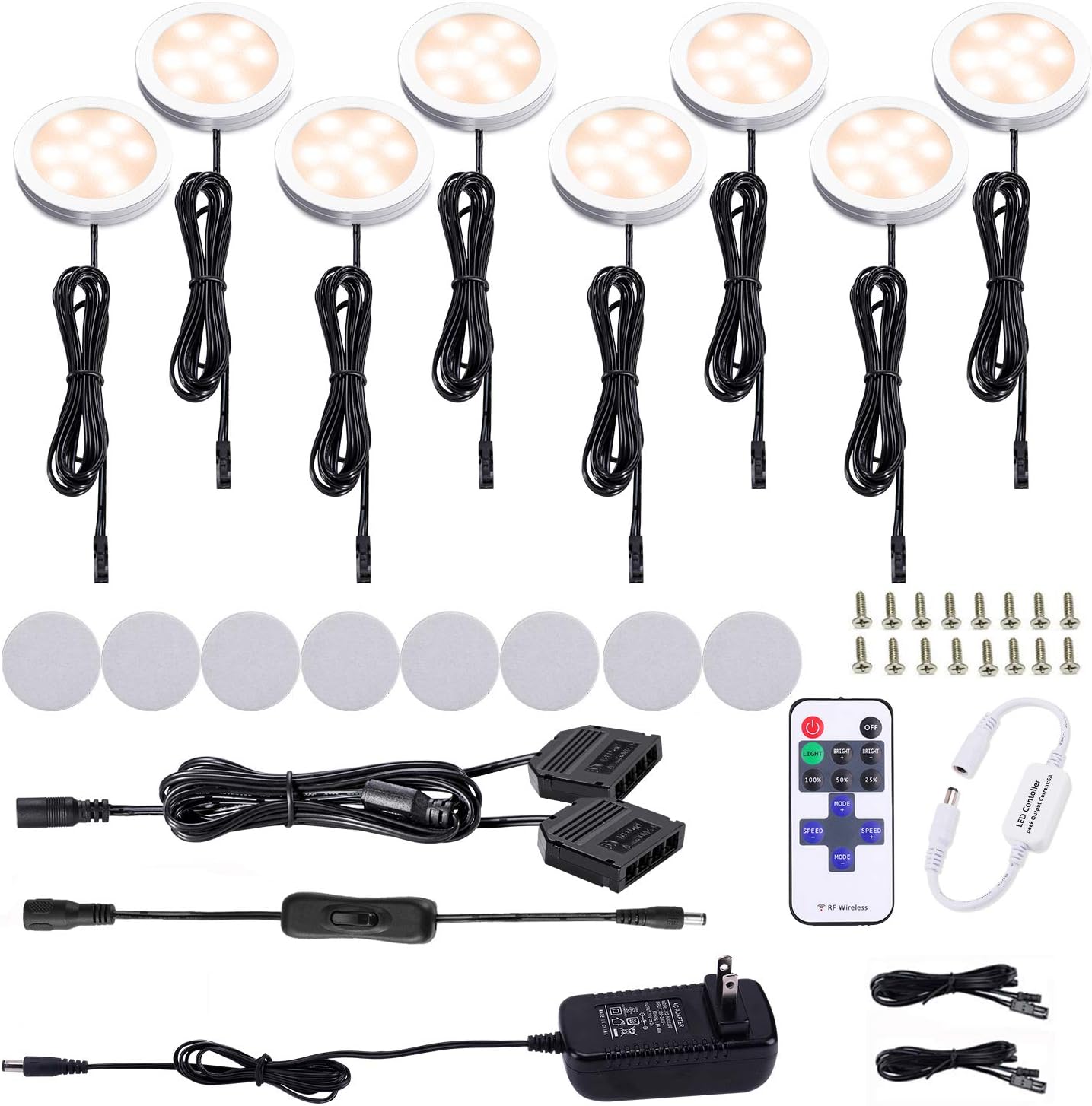 AIBOO Kitchen Under Cabinet Lighting LED 12Vdc 8 Pack Black Cord Aluminum Puck Lights for Counter Closet Furniture Shelf Lighting Dimmable with RF Wireless Remote Control(2700K Warm White)