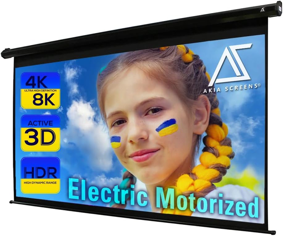 Akia Screens 125 inch Motorized Electric Remote Controlled Drop Down Projector Screen 16:9 8K 4K HD 3D Retractable Ceiling Wall Mount Black Projection Screen Office Home Theater Movie AK-MOTORIZE125H