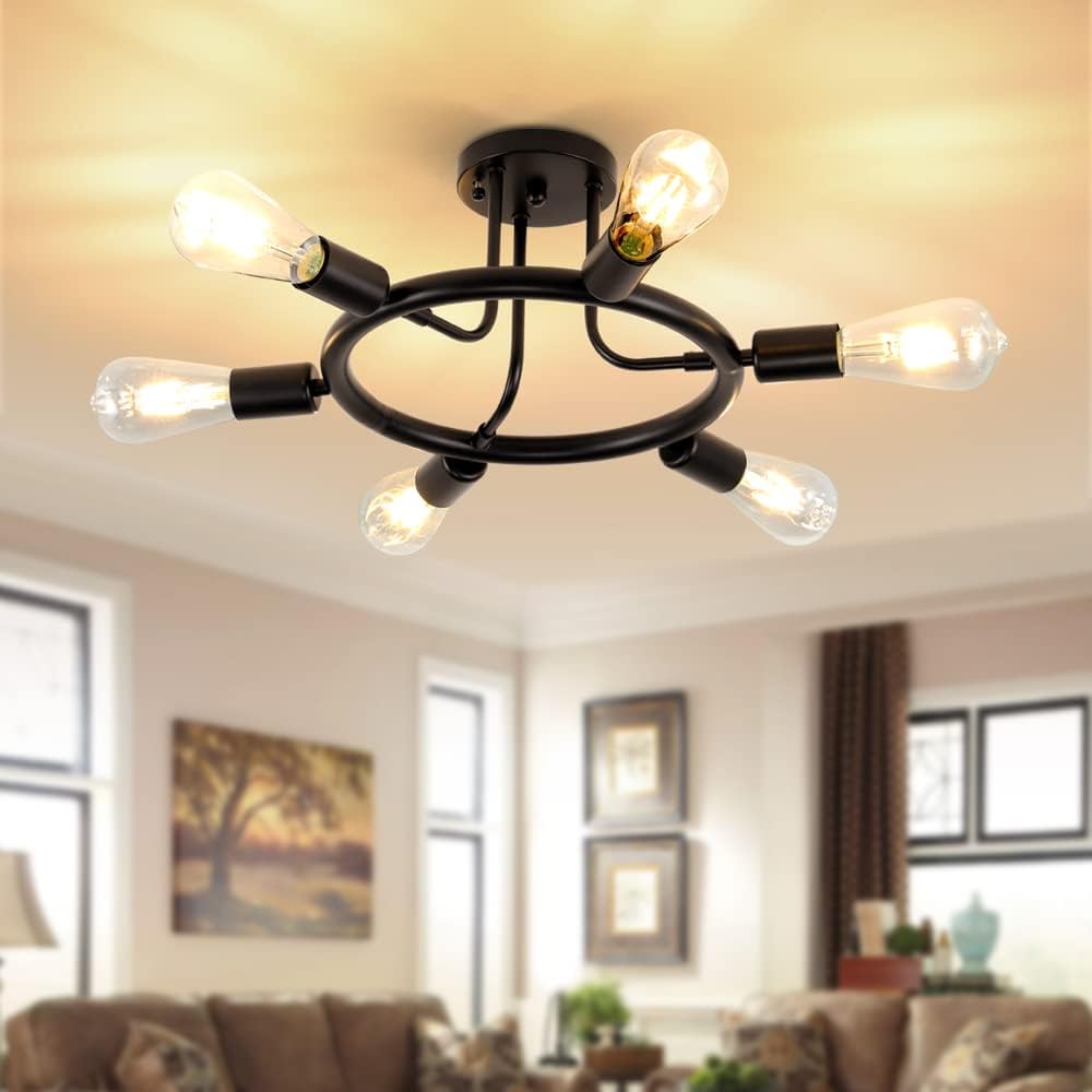 Semi Flush Mount Ceiling Light Black 6 Lights Chandelier Lighting LED Ceiling Light in Metal for Kitchen Cafe, Dining Room high Class Restaurant&hellip;&hellip;&hellip;&hellip;&hellip;