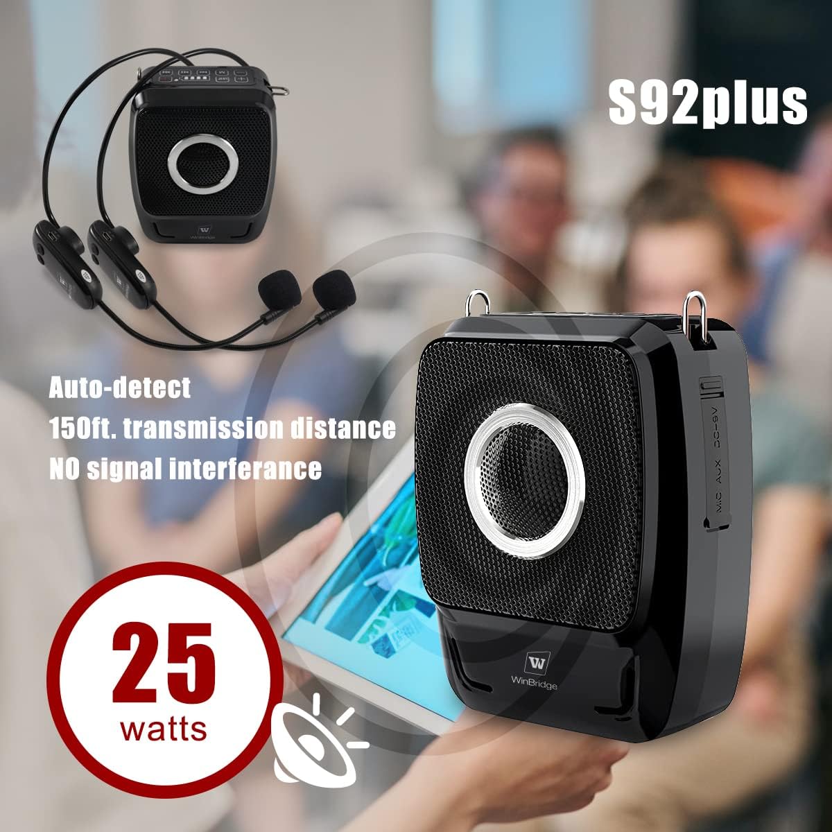 Wireless Voice Amplifier with Two Wireless Headset Microphone, 25W Wireless PA System Portable Rechargeable Bluetooth Speaker Loudspeaker for Teachers Yoga Instructors etc