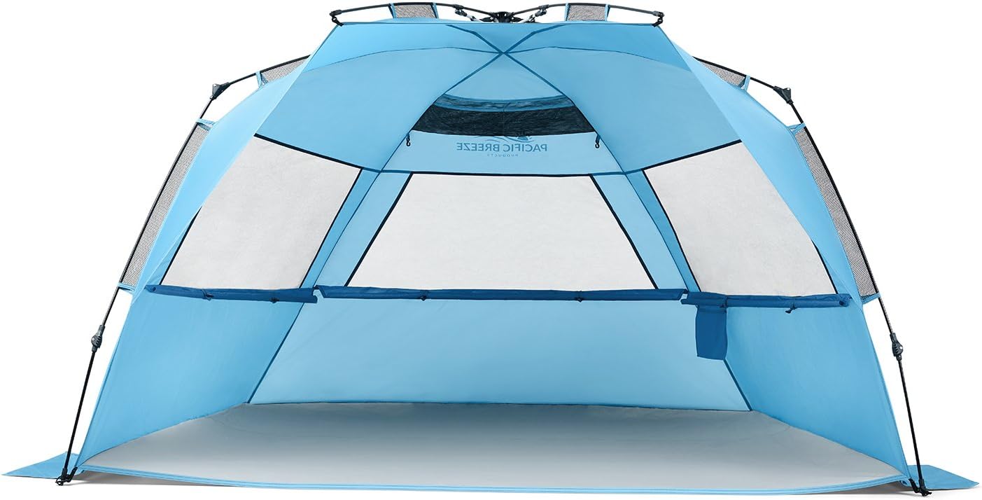 Pacific Breeze Easy Setup Beach Tent Deluxe XL with extendable Floor for Privacy, SPF 50+ Pop Up Beach Tent Provides Shade for 4 or More People