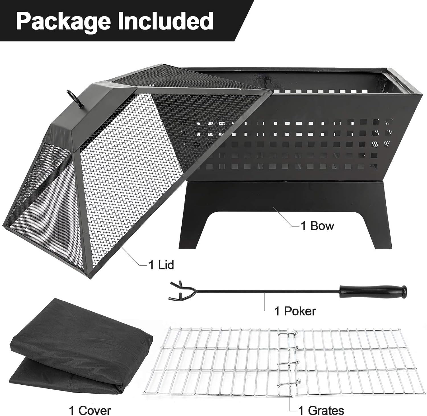 Amagabeli Fire Pit with Waterproof Cover Outdoor Wood Burning 24.4in Firepit Firebowl Fireplace Poker Spark Screen Retardant Mesh Lid Extra Deep Large Square Backyard Deck Heavy Duty Grate BG410