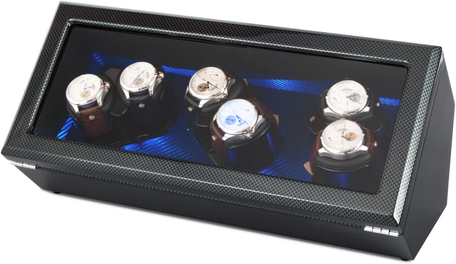 Watch Winder for Automatic Watches 6 Slots Automatic Watch Winder with Battery AC Powered Watch Box Winder Quite Motor Rotation Turning Carbon Fiber Blue LED Light