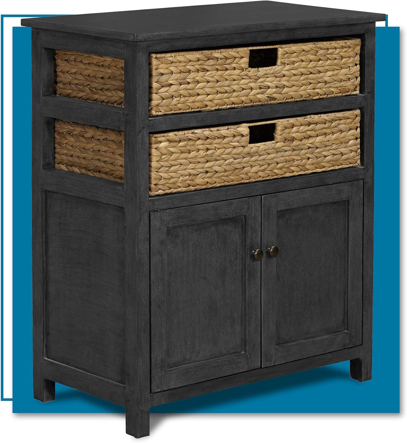 ClickDecor Nelson Storage Chest Cabinet with 2 Wicker Baskets, Kitchen, Living Room and Entryway Rustic Cottage Farmhouse Accent Console, Fully Assembled, Dark Grey